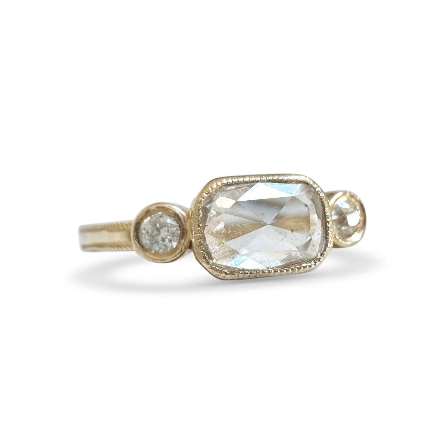 Rose Cut Cushion Three Stone Diamond Ring